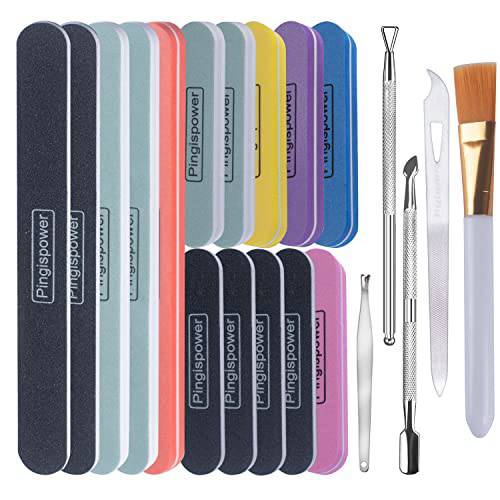 Pingispower Nail File and Buffer 20Pcs, Professional Nail Art Care Manicure Tools Kit, Nail Buffer Block Shine Kit 100/180 and 600/3000 Grits, Double Sided Washable Reusable