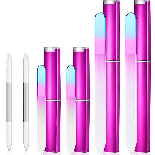 6 Pieces Glass Cuticle Pusher Nail File Set Imitated Crystal Nail Files Double Sided Glass Files with Case and Glass Cuticle Trimmer Remove Stick Manicure Tool for Nail Care (Rose Red)