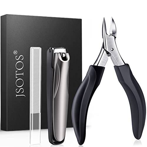 JSOTOS Professional Ingrown Toenail Clippers Set, Stainless Nail Clippers with Catcher Set, Podiatrist Toenail Clippers Adult Thick Nails Long Handle for Men Women Seniors (3Pcs)