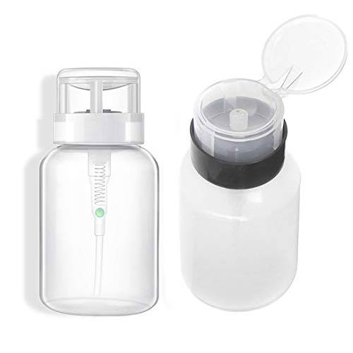 AKOAK Pack of 2 Push Down Empty Lockable Pump Dispenser Bottle for Nail Polish and Makeup Remover,200ml(6.8oz),Black and White Top Cap