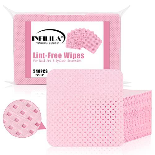 Lint Free Nail Wipes INFILILA 540 PCS Nail Polish Remover Pads Super Absorbent Soft Lint Free Wipes for Eyelash Extensions Non-Woven Nail Wipes for Gel Nails (Pink)