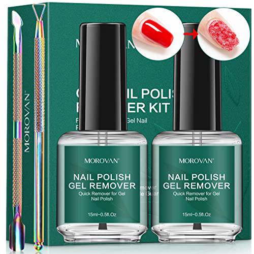 Morovan Gel Nail Polish Remover Kit 2 Pack - Gel Remover for Nails Set Quick Easy Remove Soak-Off Gel Polish Remover Cuticle Pusher Peeler Cuticle 5ml 0.5fl.oz