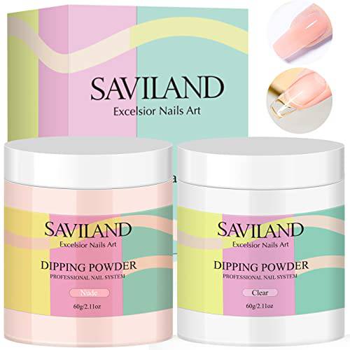 Saviland Clear/Nudes Pink Dip Powder Set - 4.2oz Nail Dip Powder Dipping Powder for French Nail Art Starter Manicure, Strengthen Nail, Easy for Nail Starter to Use No Nail Lamp Needed, Gifts for Women