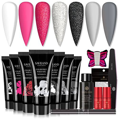 Saviland Poly Gel Nail Kit, 7 Colors Poly Nail Extension Gel Nail Kit with Halloween White Fuchsia Gray Builder Nail Gel, Slip Solution Nail Tools for Nails Enhancement Manicure Starter Kit All-In-One