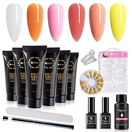 Mobray Poly Extension Nail Gel Kit, 6 Colors White Pink Yellow Poly Set with Slip Solution Poly Brush Gel Top and Base Coat for Nail Home DIY and Salon.