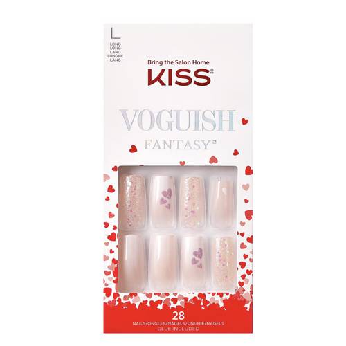 KISS VOGUISH Fantasy White Ombre Long Length Nails (Long Square) FV18X (Holographic Glitters w/ Heart Design) Limited Edition (1 Pack)