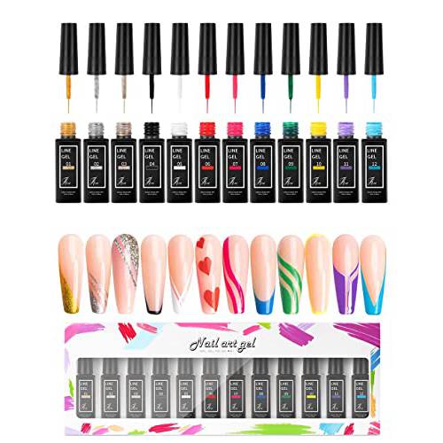 Painted Gel Polish Nail Art Gel Liner Set-12 Colors Neon Pink Yellow Green Glitter Sliver Gold French Line Pulling Gel Drawing,Nails Built Thin Line Nail Art Brush in Gel Pens