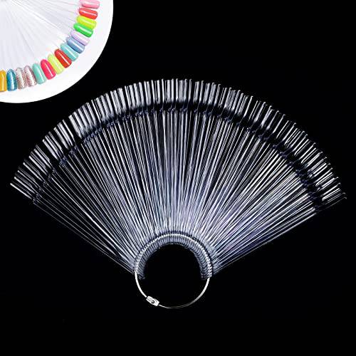 AZUREBEAUTY 50 Pcs Nail Color Swatch Sticks with Ring, Clear Fan Shape Nail Art Polish Display Tips, False Nail Sample Sticks, Nail Practice Color Display, Transparent nail Practice-Tips for Manicure
