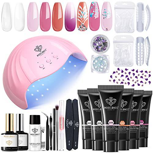 Modelones Poly Extension Gel Nail Kit 6 Colors with 48W Nail Lamp Slip Solution Rhinestone Glitter All In One Kit for Nail Manicure Beginner Starter Kit DIY at Home Kit Gift for Christmas New Year