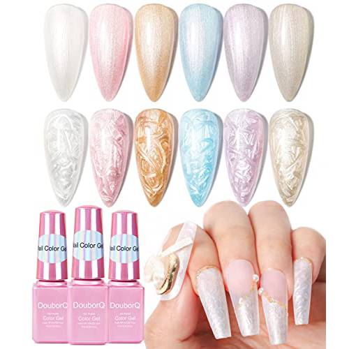 DouborQ 6 Colors Pearl Shell Gel Nail Polish White Pink Gold Blue Purple Drawing Gel Polish Soak Off Iridescent Shimmer Mermaid Effect Nail Gel for Girls Party