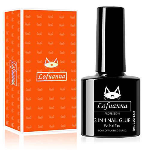 Lofuanna 3 in 1 Nail Glue Gel for Nails,8ML Gel Nail Glue with Brush,Curing Needed Nail Glue for Fake Nail,Glue Gel for Nail Tips,Base Coat,Slip Solution for Poly Nail Gel(1Pcs)