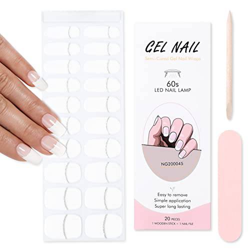 BORN PRETTY Semi Cured Gel Nail Polish Strips, Glossy Full Nail Warp Gel Nail Polish Stickers with Nail File and Stick - Nude 20Pcs (UV Lamp Required)