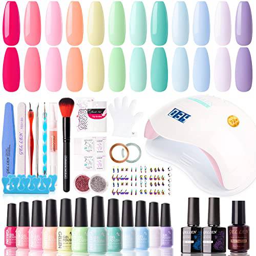 Gellen Gel Nail Polish Kit with U V LED Light 72W Nail Dryer, 12 Gel Nail Polish Colors, No Wipe Top Base Coat, Nail Art Decorations, Manicure Tools, All-In-One Manicure Kit, Colorful Rainbow