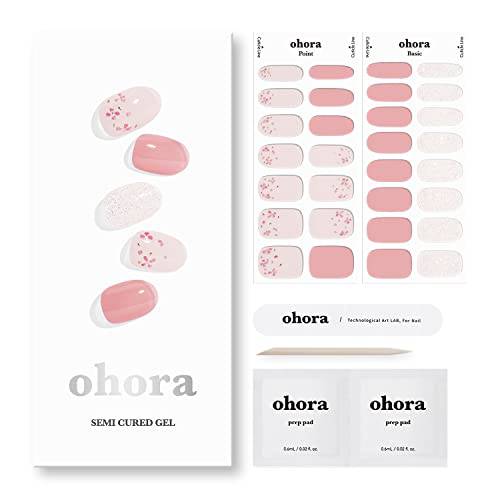 ohora Semi Cured Gel Nail Strips (N Rose Diamond) - Works with Any Nail Lamps, Salon-Quality, Long Lasting, Easy to Apply & Remove - Includes 2 Prep Pads, Nail File & Wooden Stick - Pink