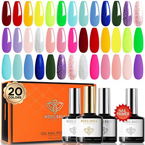 Modelones 24 Pcs Neon Bright Gel Nail Polish Kit 7 ML, 20 Colors Set Hot Pink Green Glitter Colorful Light Collection with Bond Primer Glossy&Matte Top Base Coat Nail Art Design Manicure Gifts for Women Girls