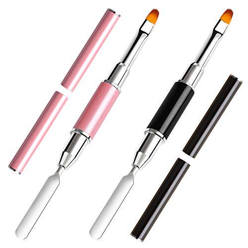 TOROKOM 2Pcs Poly gel Brush Dual-Ended Poly gel Brush and Spatula Picker Stainless Steel Poly gel Brush Pen for ​Nails Extension Application Tool(Pink & Black)