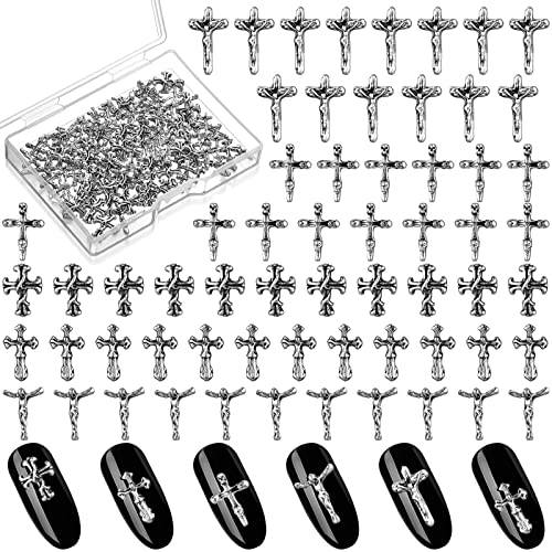 100 Pcs 3D Halloween Nail Charms Accessories Punk Vintage Cross Nail Charm Mini Cross Series DIY Craft Nail Designs Supplies Nail Jewelry Making for Women Girls Finger Toe Nails, 5 Styles (Silver)