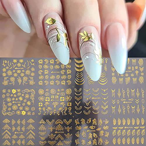 12 Designs Flower Nail Art Sticker Decals - 3D Gold Metallic Nail Stickers Self-Adhesive Nail Art Supplies Golden Lace Leaf Flower Line Acrylic Nail Designs DIY Manicure Decoration for Women Girls