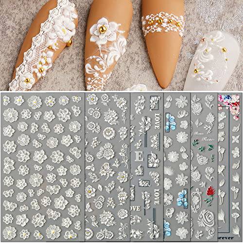 TailaiMei 4 Sheets Flower Nail Art Stickers 5D Exquisite Embossed Nail Decals, Self-Adhesive Carving Design Daisy Rose Nail Decoration for Women DIY