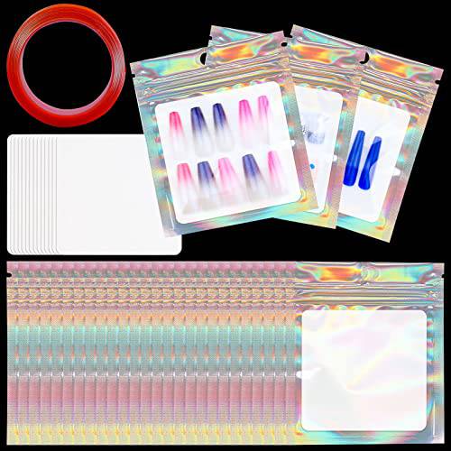 Press on Nail Packaging Bag, 50PCS Empty Holographic Nail Storage Bag and 50PCS White Cardboard with 1 Roll Transparent Tape for Handmade Nails Business Nail Display (50pcs)