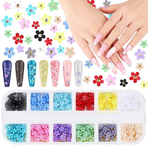 Elcoho 12 Colors 12 Grids 3D Nail Flowers Colorful Mixed Flower Nail Art Charms with Pearl Metal Caviar Beads Acrylic Resin Flowers for Women Girls DIY Decoration Nail Craft Accessories