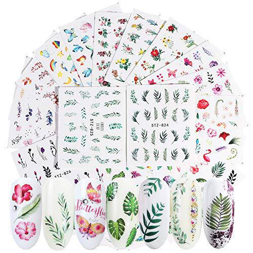 Summer Nail Stickers for Women Water Transfer Nail Decals 29 Sheets Nail Art Stickers Natural Leaf Flamingo Flower Nail Tattoos Design DIY Nail Art Supplies for Fingernail Toenails Decorations