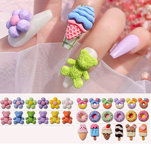 60Pcs Acrylic Candy 3D Nail Art, Multi Shape Candy Sweet Bear Flower Donut Mickey Ice Cream Nail Charms, Colorful Resin Flatback Cute Dessert Design for Nail Art DIY Crafts Accessories