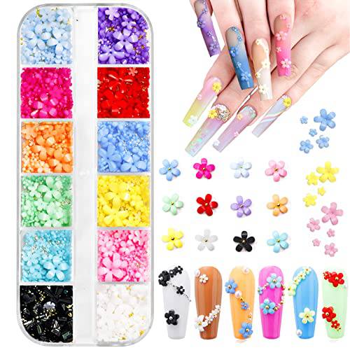 3D Flower Nail Charms for Acrylic Nails, Wsimily 12 Colors Mixed Flower Nail Rhinestones, Cherry Blossom Nail Art Design with Gold Silver Caviar Beads Nail Supplies for Women Girls Manicure Decoration