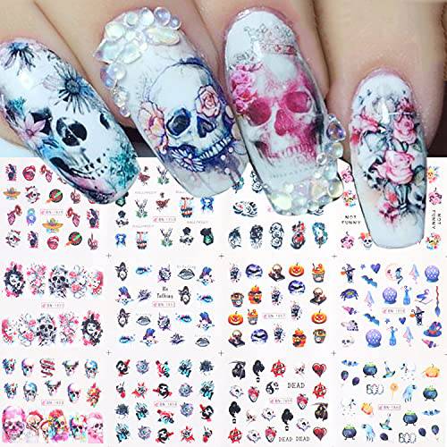 Stardo 12pcs Halloween Nail Art Stickers Decals Accessories Decorations Skull Bone Rose Anime Water Sticker for Nails Design Manicure Decoration Sliders