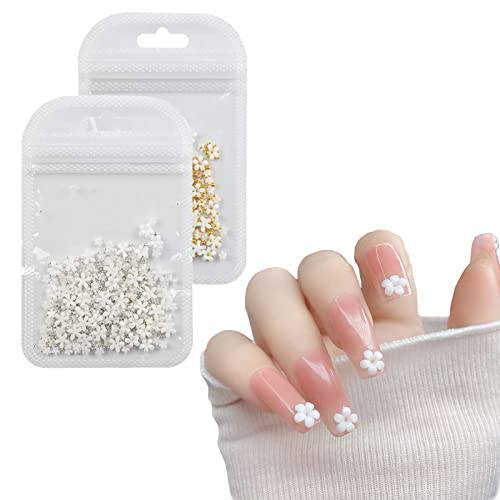 400 Pcs White 3D Flower Nail Charms for 2022 New Trend Nail Art, Metal Caviar Beads Acrylic Flowers Nail Design for Women Girls DIY Decoration Jewelry Nail Craft Accessories