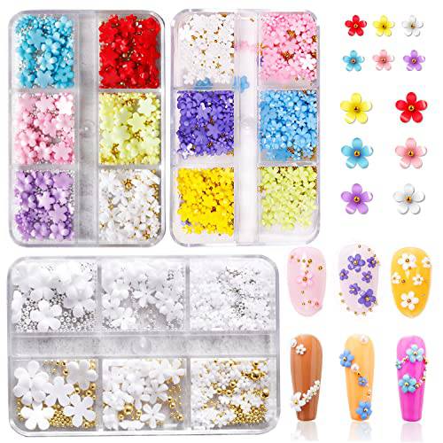 3 Boxes 3D Flower Nail Charms for Acrylic Nails, SWETIDY 3D Nail Decals Rhinestone Cherry Blossom Acrylic Nail Art Craft Supplies with Pearls DIY Decorations