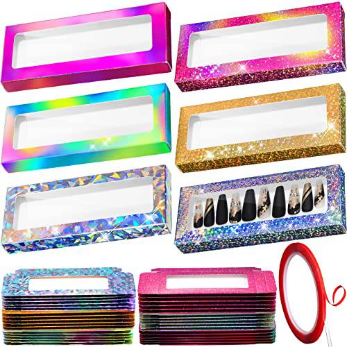 36 Set Nail Packaging Boxes Press On Nail Stand with Clear Window White Background Papers and 1 Double Sided Tape Empty Nail Package Box Set Nail Supplies for DIY Nail Business(Vivid Color)