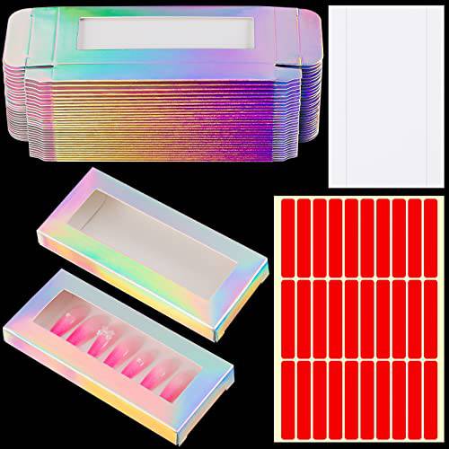 62 Pcs Press on Nails Packaging Box Set, 30 Empty Display Packing Box Holographic Nail Box Eyelash Case Holder with 30 White Cardboard 2 Sheets Acrylic Double Sided Adhesive Stickers (Laser Silver)
