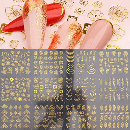 Gold Flowers Nail Stickers Decals Metal French Line Nail Supplies Gold 3D Self-Adhesive Rose Leaf Nail Decal Metal Curve Stripe Lines Lace Necklace Valentine Design Daisy Nail Art Sticker for Women
