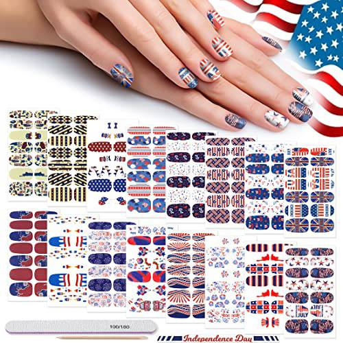 Nail Polish Strips, DANNEASY 16 Sheets Independence Day Style Nail Stickers Adhesive Nail Wraps Manicure Accessories 1Pc Nail File + Wood Cuticle Stick