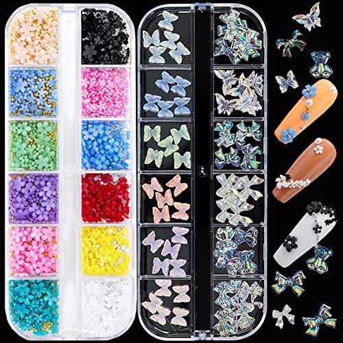 3D Flower Butterfly Nail Art Charms Acrylic Colorful Spring Blossom Flowers Polar Butterfly Bowknots Nail Charms with Silver Golden Metal Ball Beads for Nail Art DIY Jewelry Accessories