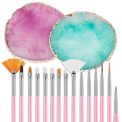 17 in 1 Nail Art Brushes Palette Nail Art Tools, 15 Nail Brushes 2 Resin Nail Painting Mixed Color Palette Nail Supplies for Nail Art Home Salon (Purple and Green)