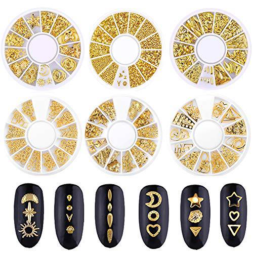 Nail Micro Beads Studs 3D Nails Supply Gold Art Decorations Charms Metal 6 Boxes Star Moon Heart Triangle Square Rivet for Fingernails & Toenails Decor