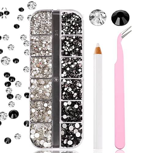 Albiscoo 2678PCS Nail Art Rhinestones Flat Back Gems Crystals White+Black Rhinestone for Nails 6 Sizes (1.5-5 mm) Charms Gemstones Set Round Glass Stones for Crafts, with Wax Pencil/Tweezer