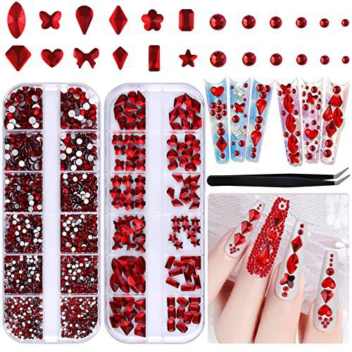 EBANKU 2 Boxes Red Nail Art Rhinestones for Nails Hearts Butterfly Round Shaped Nail Gems Flat Back Rhinestones 3D Diamond Nail Stone Crystals with Tweezers for Valentine’s Day