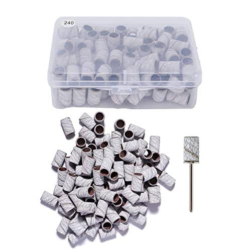 LYNNELEE 100Pcs Sanding Bands with Nail Drill Bits Set with Box, Nail Drill Sanding Tape, 240 GRIT Nail Art Sanding Tape with 1pcs 3/32 inch Nail Drill Bit
