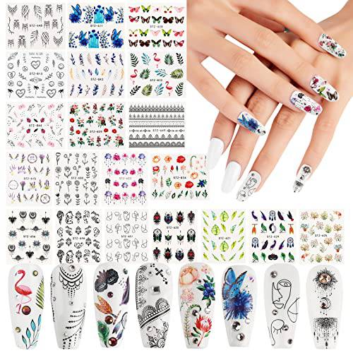 69 Sheets Water Transfer Nail Art Stickers, DIY Nail Art Decals Nail Tattoos for Gel Nails Art Design, Flowers Butterfly Leaves Feathers Mixed Patterns for Women Girls Nail Decorations