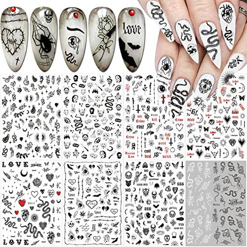Snake Nail Art Stickers Decals Black Skull Gothic Nail Stickers Designer Nail Art Supplies 3D Goth Ghost Face Punk Horror Halloween Nail Charms Accessories Nail Designs for Acrylic Nails Decoration