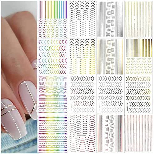 16 Sheets French Line Nail Stickers, Gorvalin Metallic Curve Strip Line Nail Stickers Decal Self-Adhesive Colorful 3D Wave Design Gold Silver Line Nail Decorative Stickers