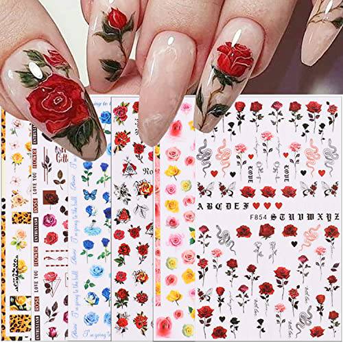 6 Sheets Flower Nail Art Stickers Decal 3D Spring Floral Nail Art Supplies Self-Adhesive Nail Art Decals Retro Rose Flowers Nail Designs for Nail Art Women Girls Acrylic Nails Decorations