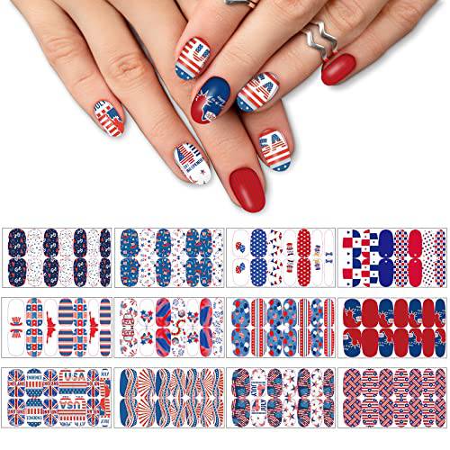TailaiMei 12 Sheets 4th of July Nail Wraps Stickers, Patriotic Nail Polish Strips Self-Adhesive Full Wraps with 2 pcs Nail Files for Independence Day American Flag DIY Nail Art Design