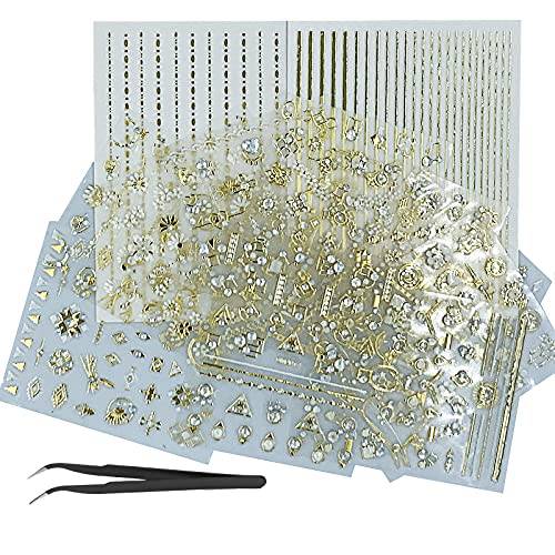 22 Sheets 3D Nail Adhesive Stickers for Women Gold Metallic Chain Line Nail Stickers Diamond Design Luxury Nail Art Decoration with with Tweezers Nail File Separators