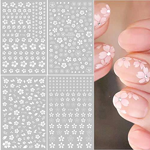 White Flower Nail Art Stickers 3D Self Adhesive Nail Design Nail Art Supplies White Cherry Blossoms Designers Nail Decals for Acrylic Nail Women Girls Manicure DIY Decoration(4 Sheets)