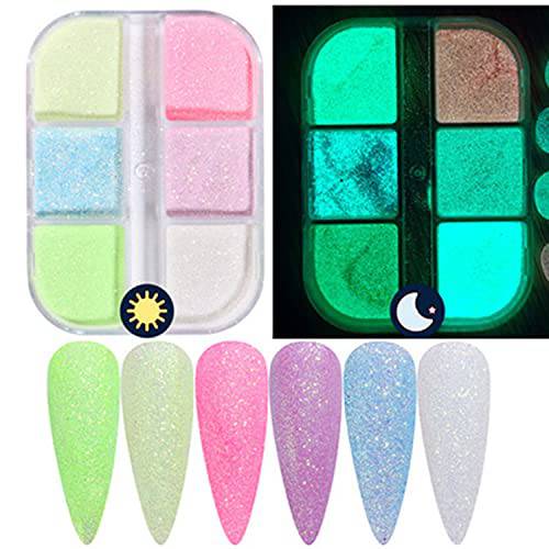 Luminous Nail Powder Night Fluorescent Pigment Holographic Glitter Glow Liquid Nail Art Dust Design Sparkle Nails Supplies 3D Nail Art Decoration for Women Girls Manicure Tips Charms (6 Colors)