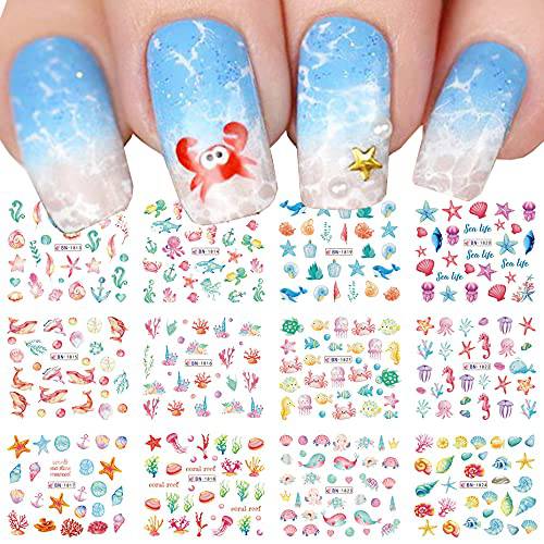 12 Sheet ​Nail Art Stickers Marine Life Fish Water Transfer Nail Decals Stickers Ocean Dolphin Starfish,etc,Nail Art Stickers Supplies Popular Nail Stickers for Women Fashion Design Accessories for Girl